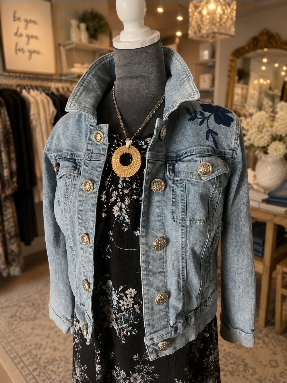 Denim jacket, boutique inspired, w embellished buttons, embroidered, women S.